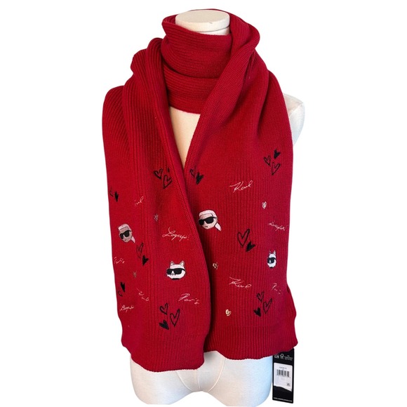 Karl Lagerfeld Paris Accessories - NEW Karl Lagerfeld Paris Scarf Red Novelty Embroidered Knit Ribbed L5KS8131